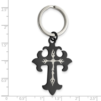 Stainless Steel Chisel Polished Black Ip-Plated Cross Key Ring