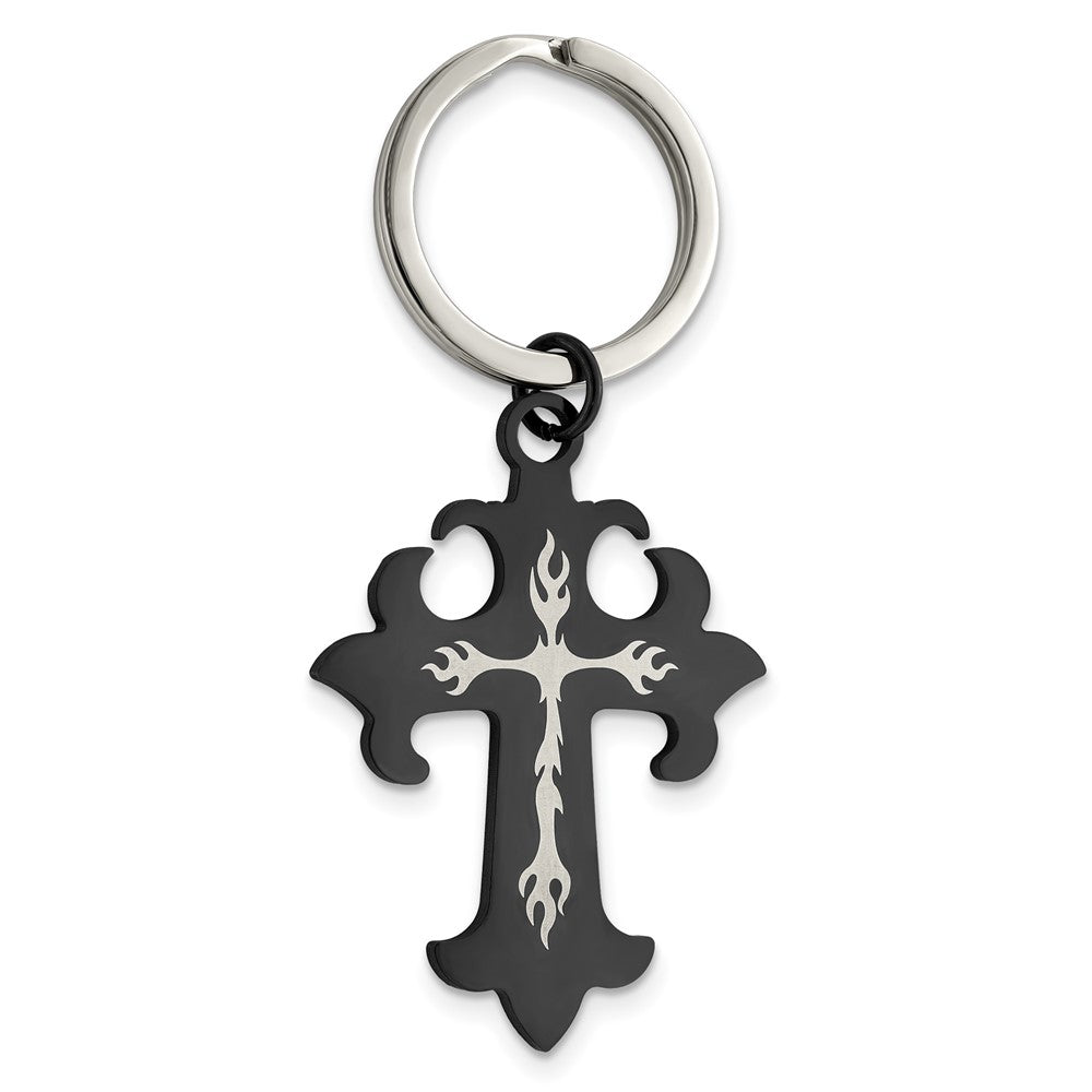 Stainless Steel Chisel Polished Black Ip-Plated Cross Key Ring
