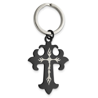 Stainless Steel Chisel Polished Black Ip-Plated Cross Key Ring