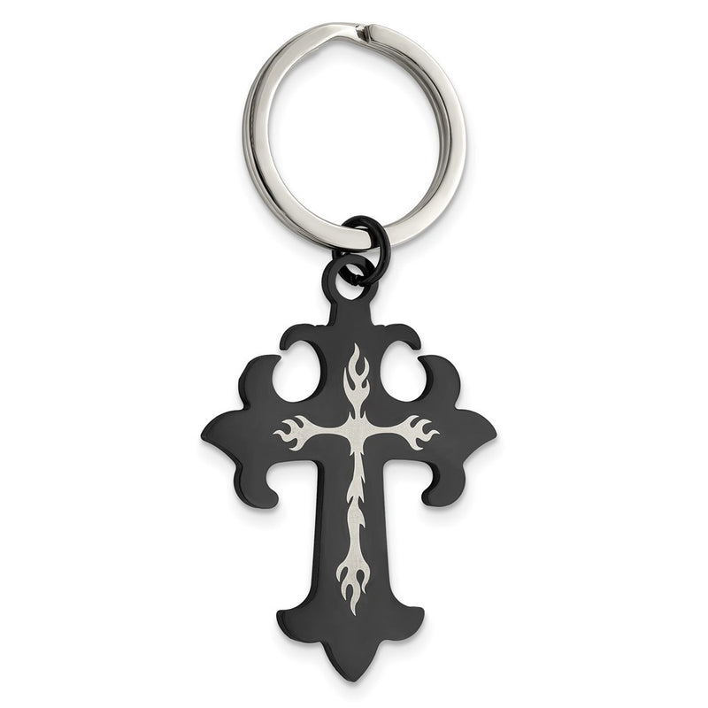 Stainless Steel Chisel Polished Black Ip-Plated Cross Key Ring