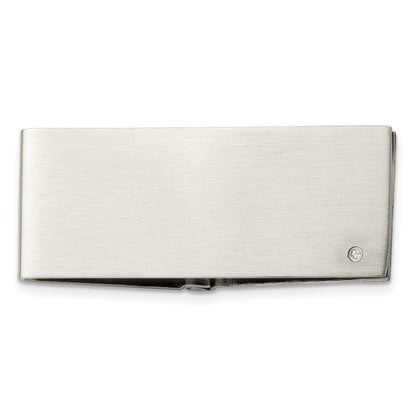 Stainless Steel Chisel Brushed .03 Carat Diamond Hinged Money Clip