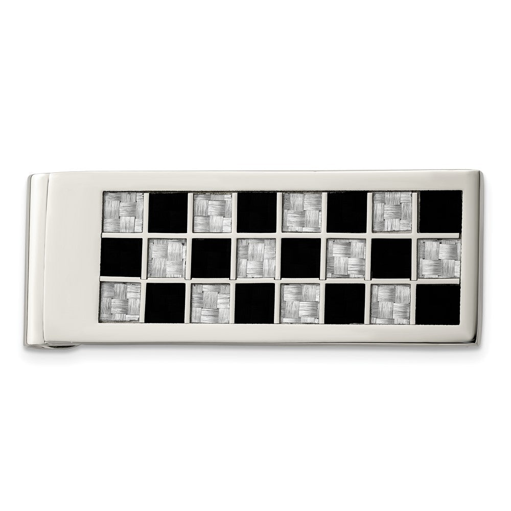Stainless Steel Chisel Polished Black And Grey Carbon Fiber Inlay Money Clip