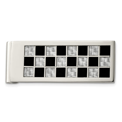 Stainless Steel Chisel Polished Black And Grey Carbon Fiber Inlay Money Clip