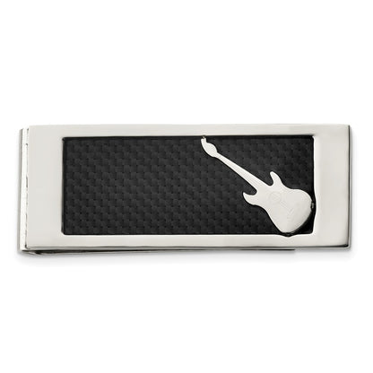 Stainless Steel Chisel Polished Black Carbon Fiber Inlay Guitar Money Clip
