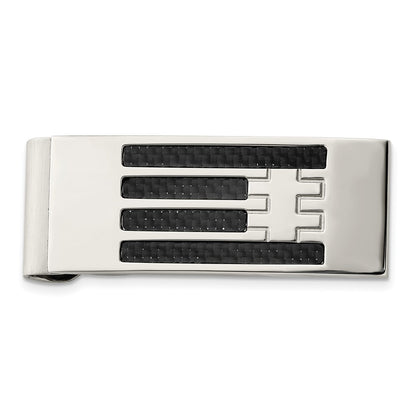Stainless Steel Chisel Polished Black Carbon Fiber Inlay Money Clip