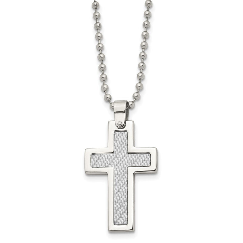 Stainless Steel Chisel Polished With Grey Carbon Fiber Inlay Cross Pendant On A 22 Inch Ball Chain Necklace