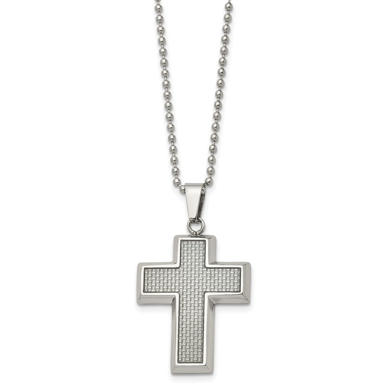 Stainless Steel Chisel Polished With Grey Carbon Fiber Inlay Cross Pendant On A 22 Inch Ball Chain Necklace