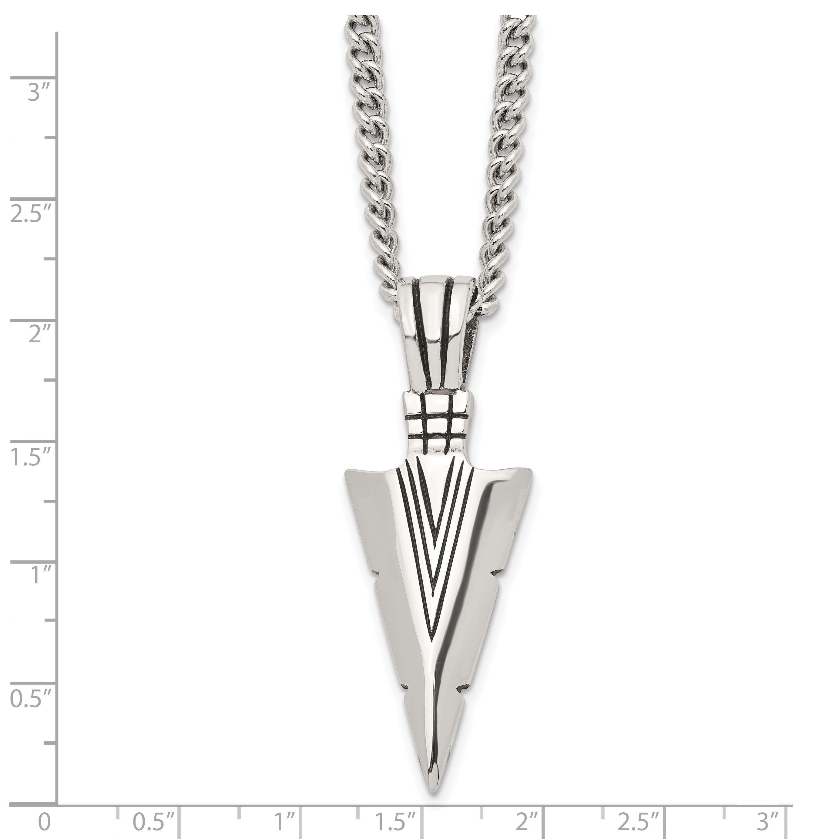 Stainless Steel Chisel Antiqued And Polished Dagger Pendant On A 22 Inch Curb Chain Necklace