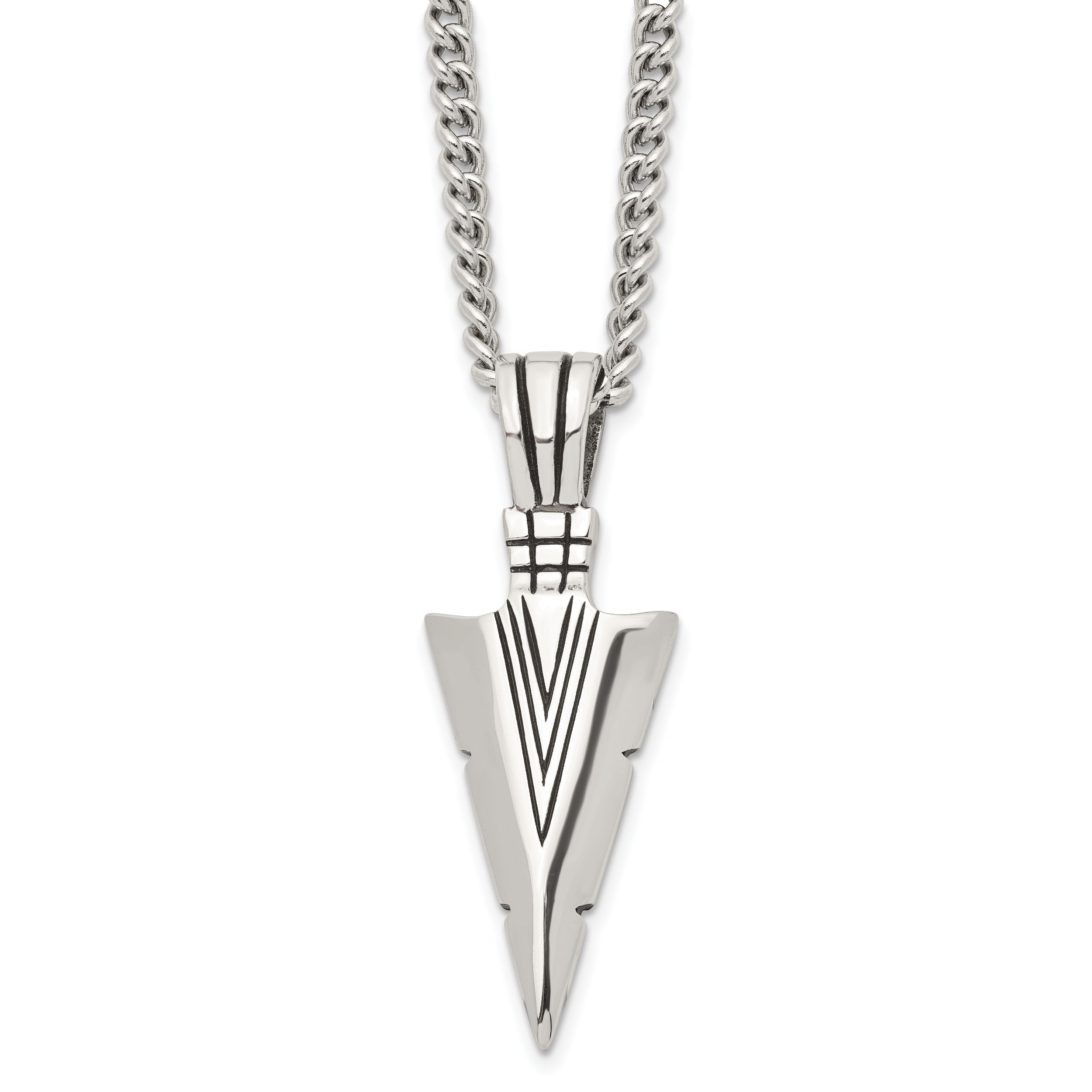 Stainless Steel Chisel Antiqued And Polished Dagger Pendant On A 22 Inch Curb Chain Necklace