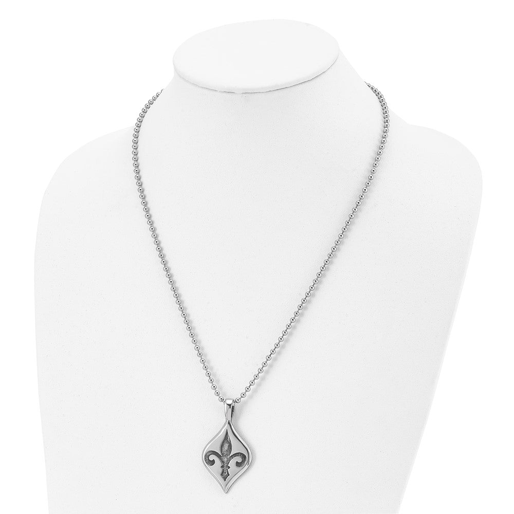 Stainless Steel Antiqued And Polished Fleur De Lis 22In Necklace