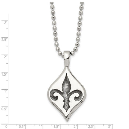 Stainless Steel Antiqued And Polished Fleur De Lis 22In Necklace
