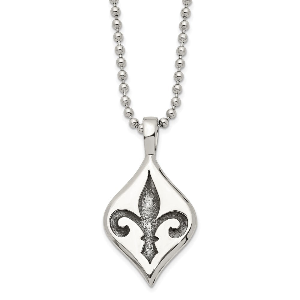 Stainless Steel Antiqued And Polished Fleur De Lis 22In Necklace