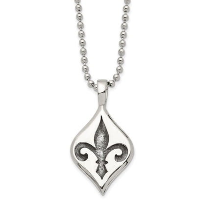 Stainless Steel Antiqued And Polished Fleur De Lis 22In Necklace