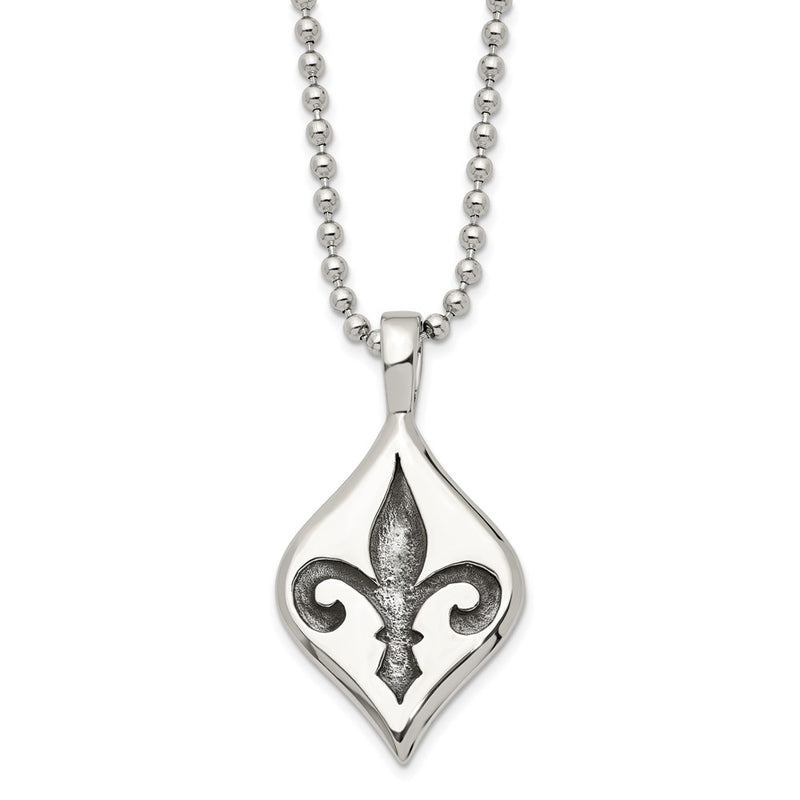 Stainless Steel Antiqued And Polished Fleur De Lis 22In Necklace