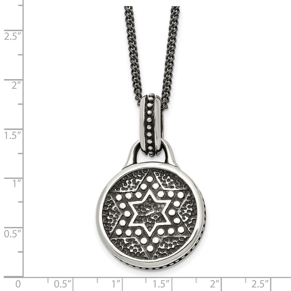 Stainless Steel Antiqued And Polished Star Of David 22In Necklace