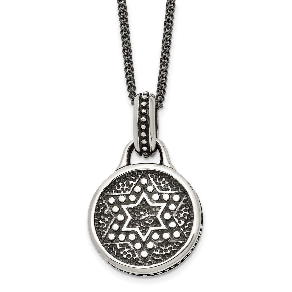 Stainless Steel Antiqued And Polished Star Of David 22In Necklace