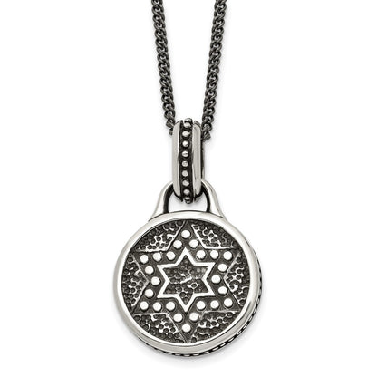 Stainless Steel Antiqued And Polished Star Of David 22In Necklace