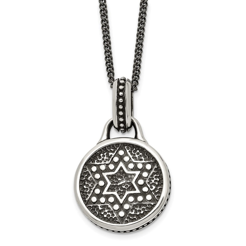 Stainless Steel Antiqued And Polished Star Of David 22In Necklace