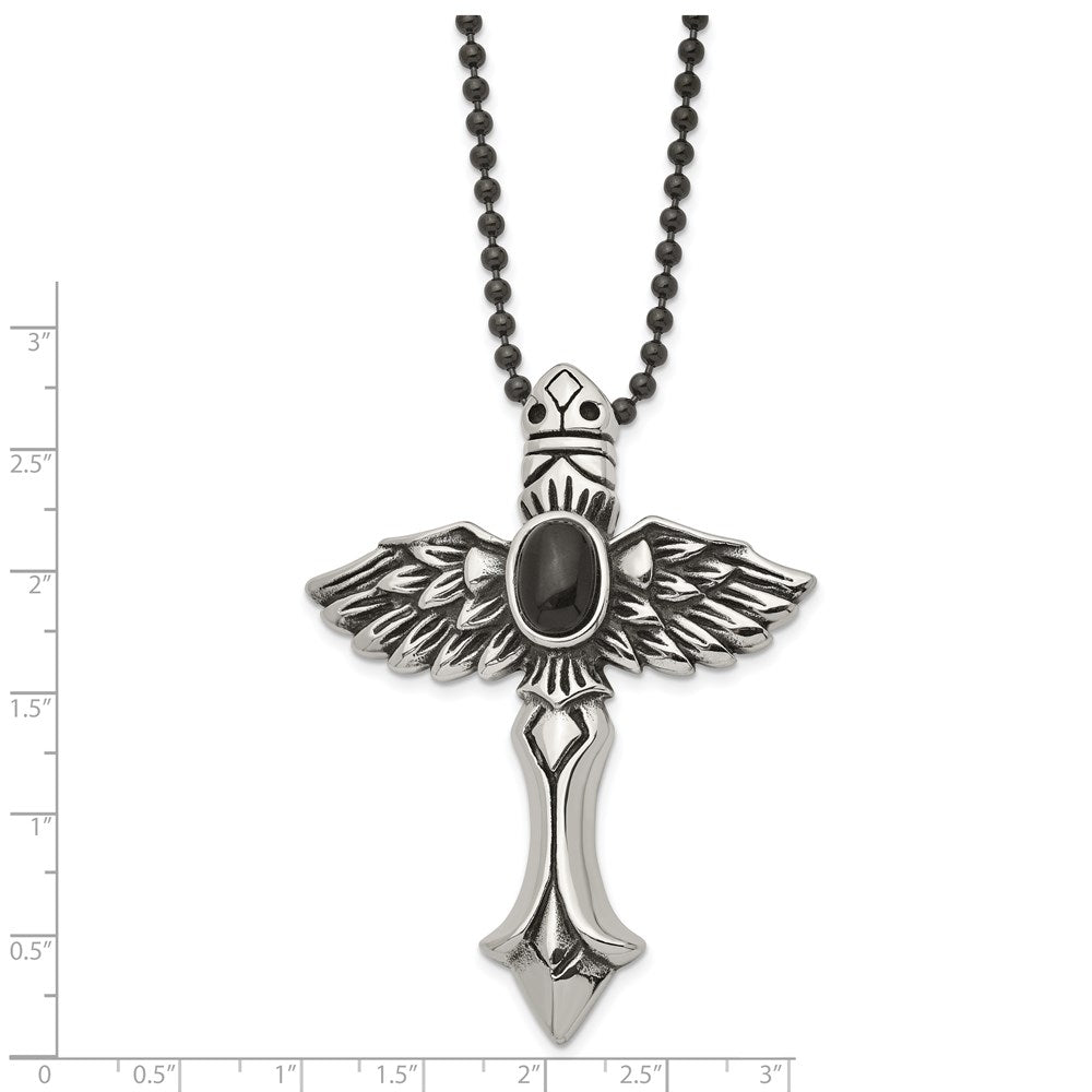 Stainless Steel Antiqued W/Syn Black Agate Cross W/Wings 24In Necklace