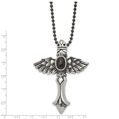 Stainless Steel Antiqued W/Syn Black Agate Cross W/Wings 24In Necklace