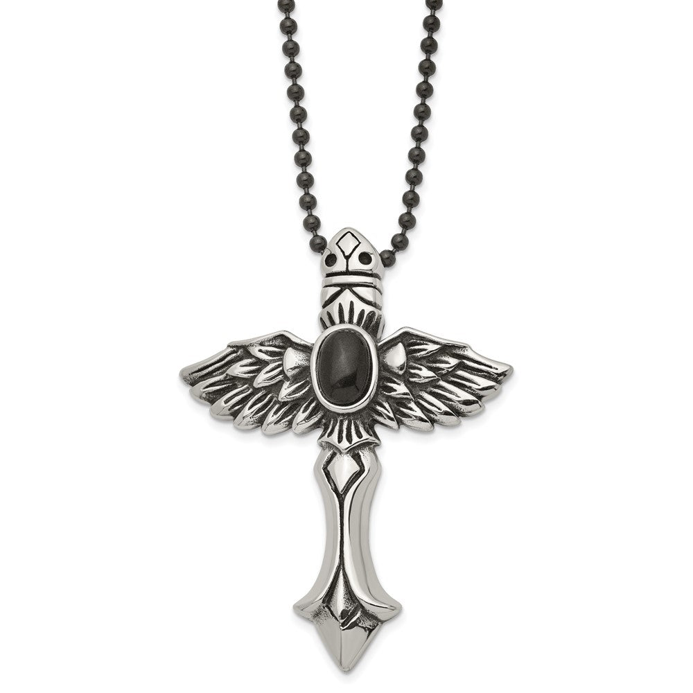 Stainless Steel Antiqued W/Syn Black Agate Cross W/Wings 24In Necklace
