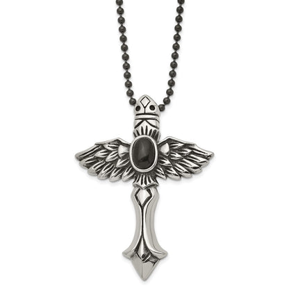 Stainless Steel Antiqued W/Syn Black Agate Cross W/Wings 24In Necklace