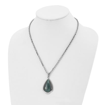 Stainless Steel Polished Synthetic Green Cats Eye Teardrop 20In Necklace