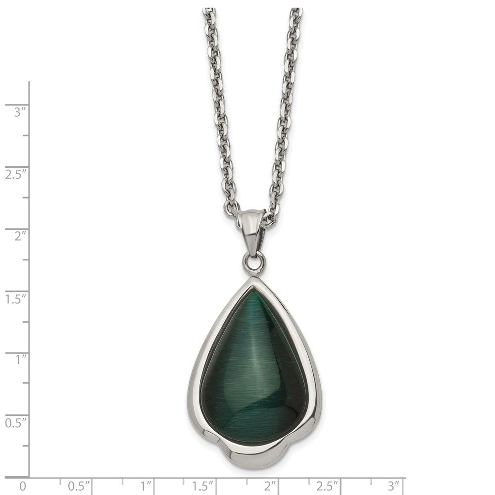 Stainless Steel Polished Synthetic Green Cats Eye Teardrop 20In Necklace