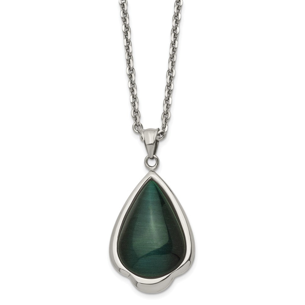 Stainless Steel Polished Synthetic Green Cats Eye Teardrop 20In Necklace