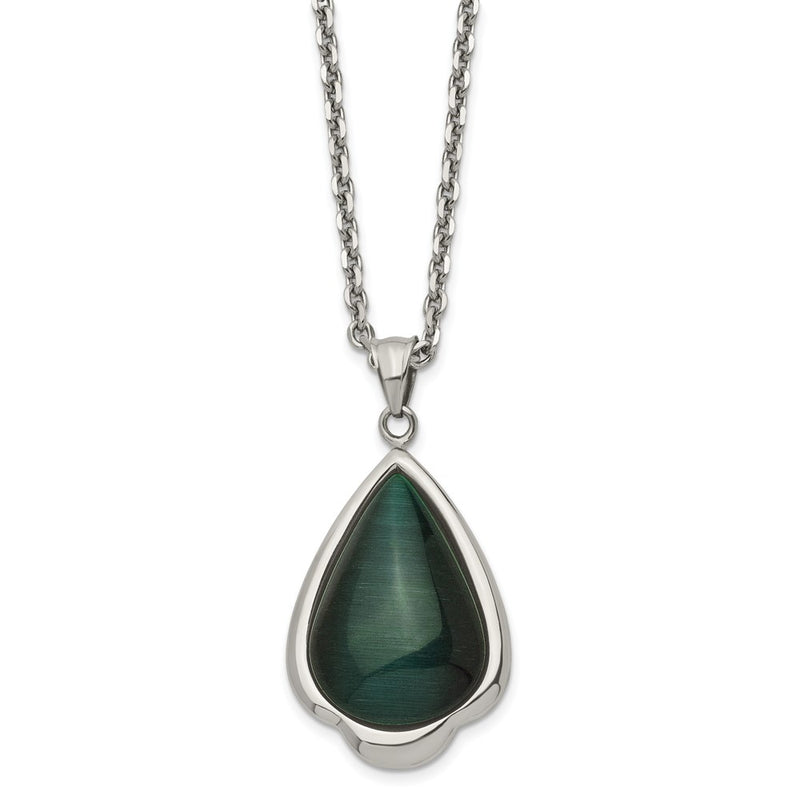 Stainless Steel Polished Synthetic Green Cats Eye Teardrop 20In Necklace