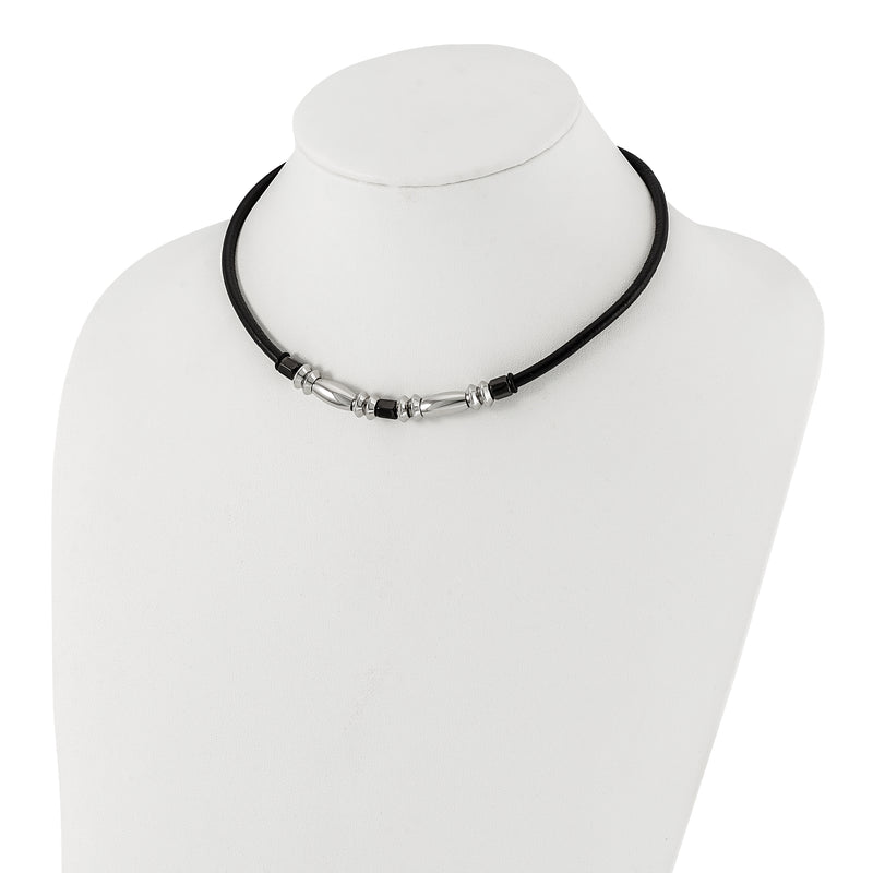 Stainless Steel Polished & Hematite Beads Leather Cord Necklace