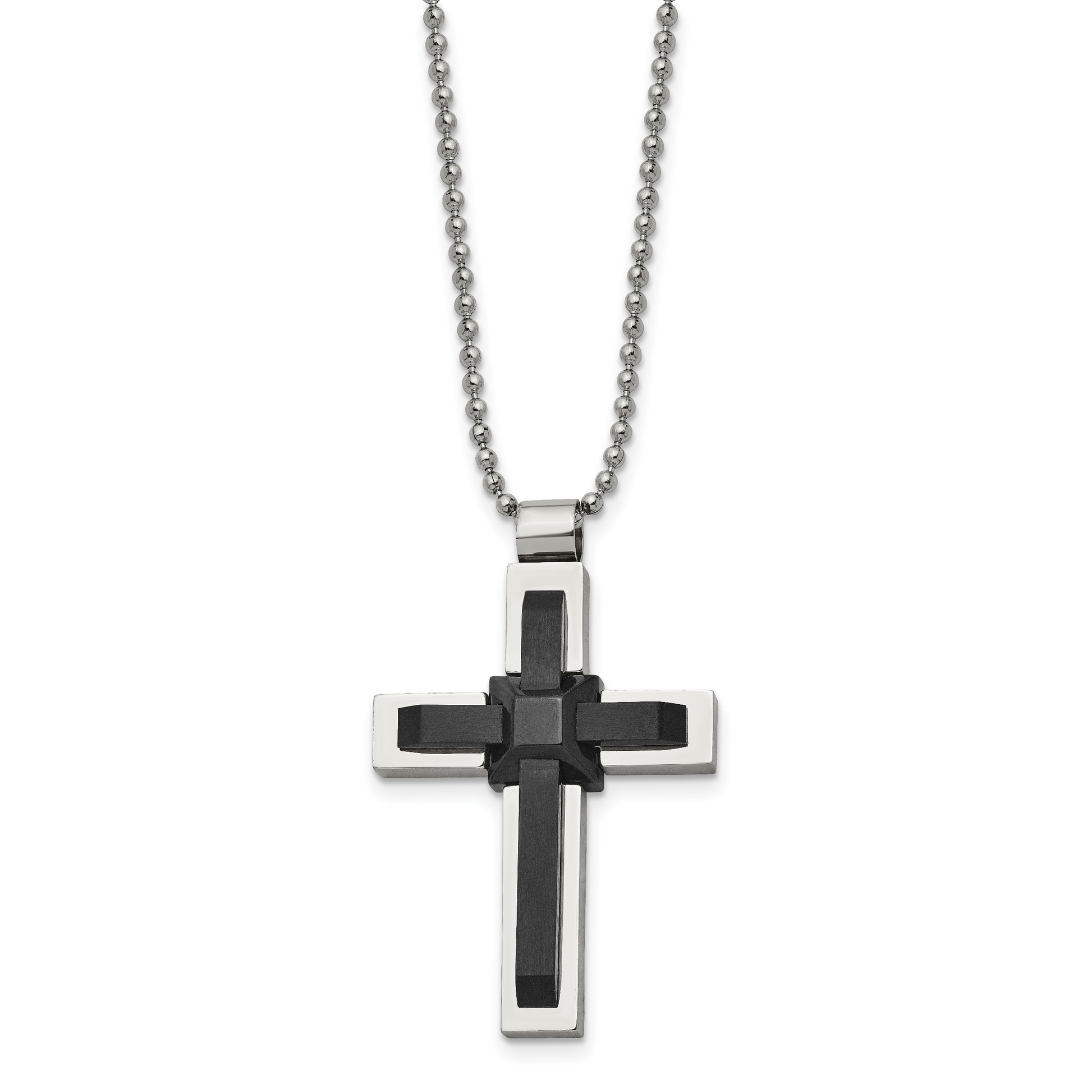 Stainless Steel Polished Black Ip-Plated Cross 20In Necklace