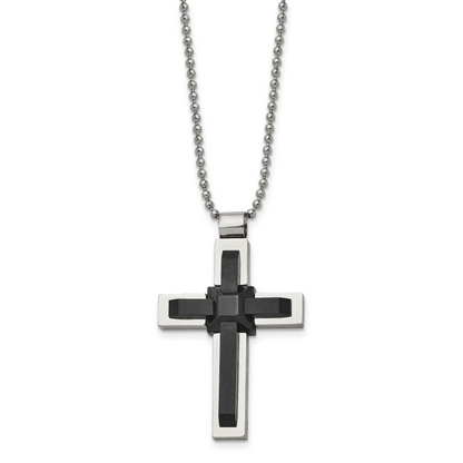 Stainless Steel Polished Black Ip-Plated Cross 20In Necklace