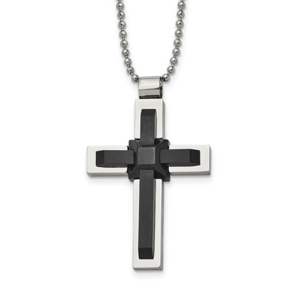 Stainless Steel Polished Black Ip-Plated Cross 20In Necklace