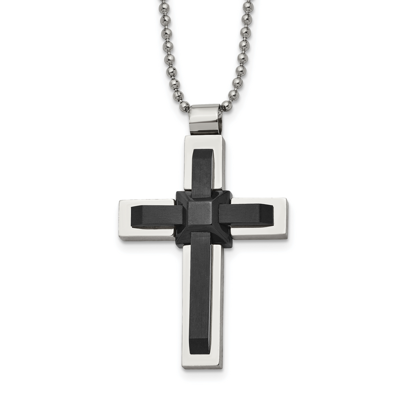Stainless Steel Polished Black Ip-Plated Cross 20In Necklace
