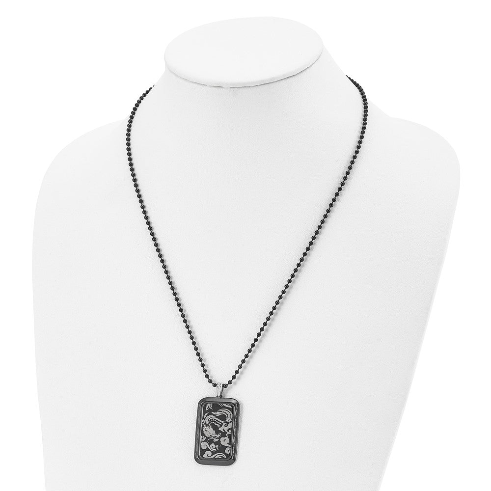 Stainless Steel Polished Black Ip-Plated Dragon Dog Tag 22In Necklace