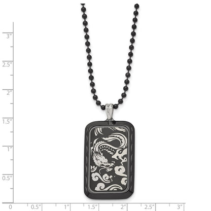 Stainless Steel Polished Black Ip-Plated Dragon Dog Tag 22In Necklace