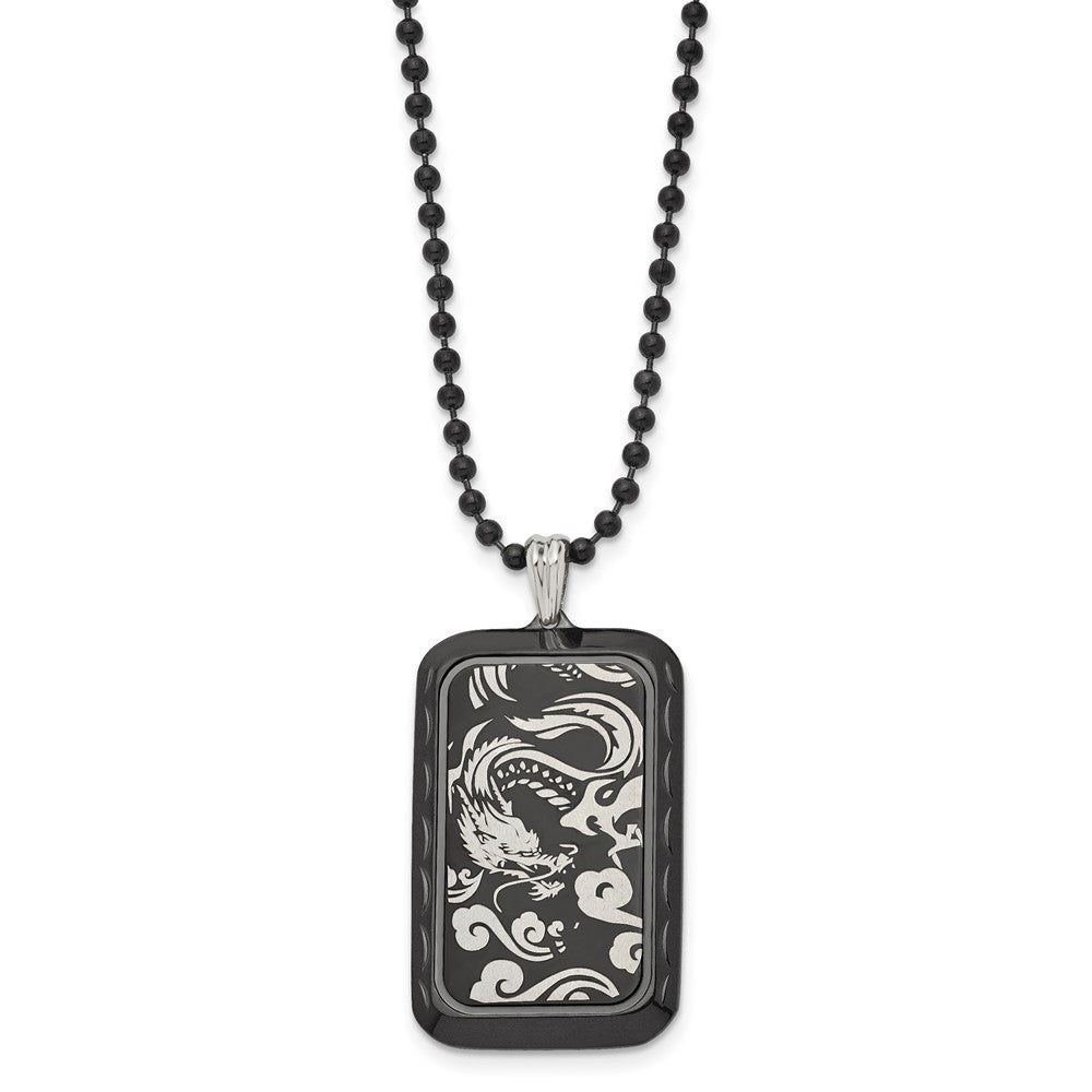 Stainless Steel Polished Black Ip-Plated Dragon Dog Tag 22In Necklace