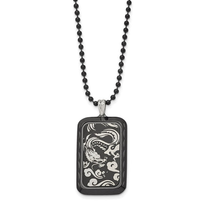 Stainless Steel Polished Black Ip-Plated Dragon Dog Tag 22In Necklace