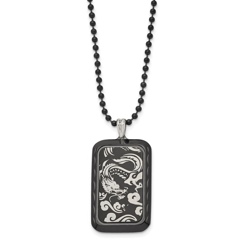 Stainless Steel Polished Black Ip-Plated Dragon Dog Tag 22In Necklace