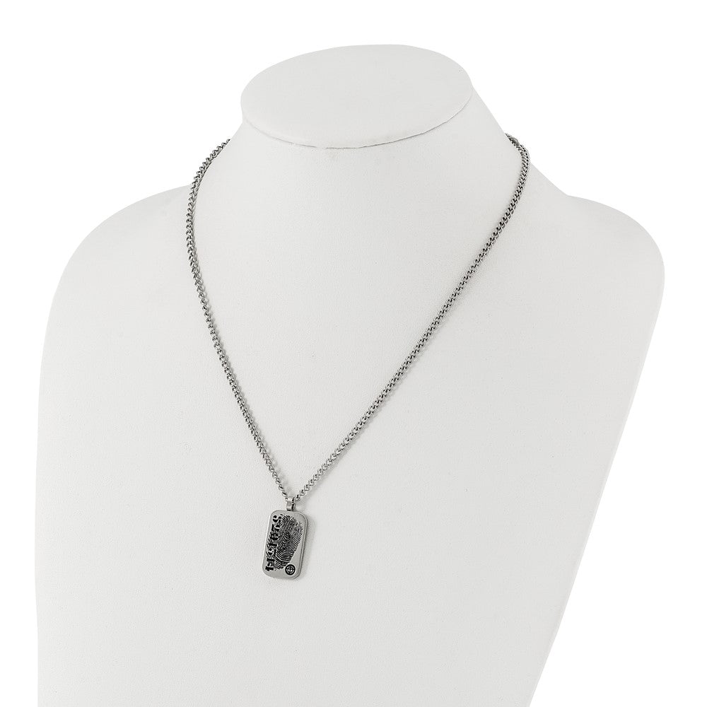 Stainless Steel & Black Enamel Reversible Cz Fingerprint Dog Tag W/ 2In Ext Necklace