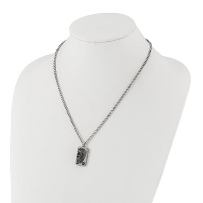 Stainless Steel & Black Enamel Reversible Cz Fingerprint Dog Tag W/ 2In Ext Necklace