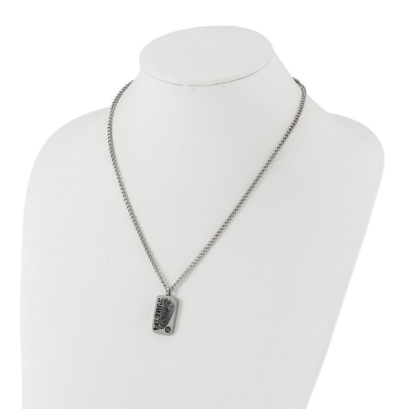 Stainless Steel & Black Enamel Reversible Cz Fingerprint Dog Tag W/ 2In Ext Necklace