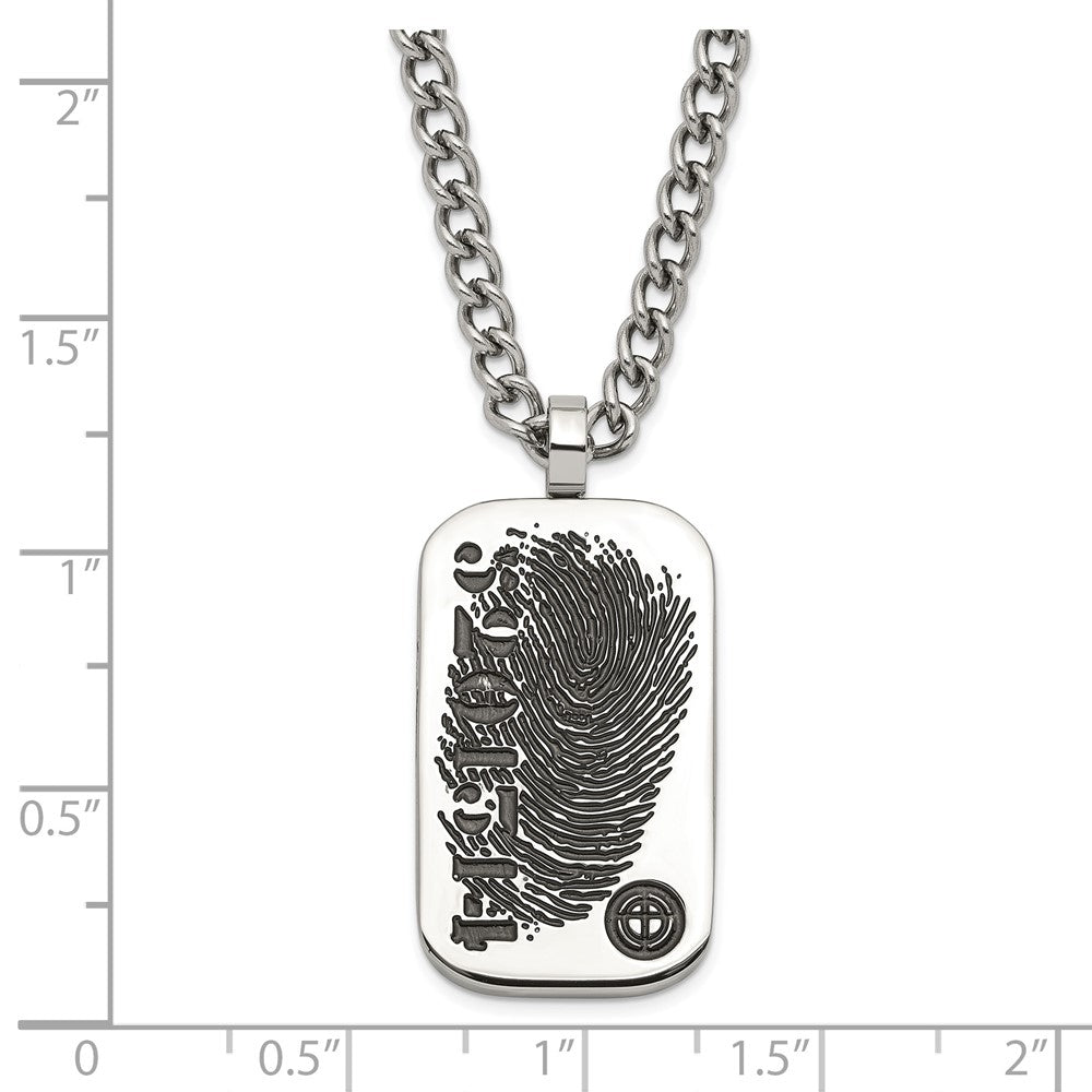 Stainless Steel & Black Enamel Reversible Cz Fingerprint Dog Tag W/ 2In Ext Necklace