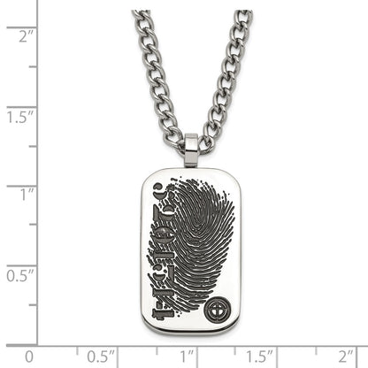 Stainless Steel & Black Enamel Reversible Cz Fingerprint Dog Tag W/ 2In Ext Necklace