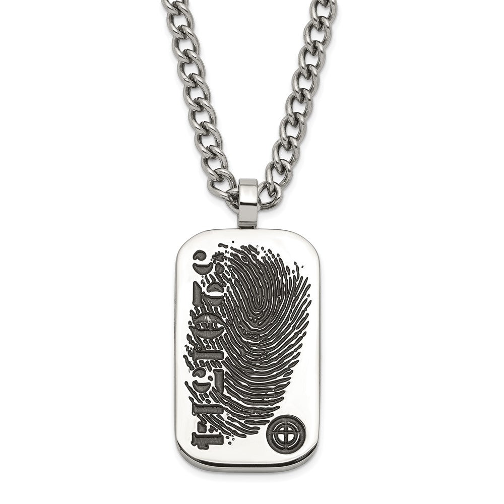 Stainless Steel & Black Enamel Reversible Cz Fingerprint Dog Tag W/ 2In Ext Necklace