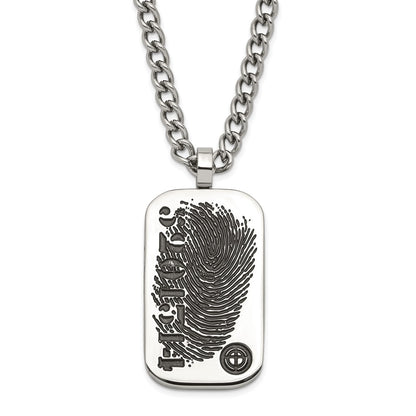 Stainless Steel & Black Enamel Reversible Cz Fingerprint Dog Tag W/ 2In Ext Necklace