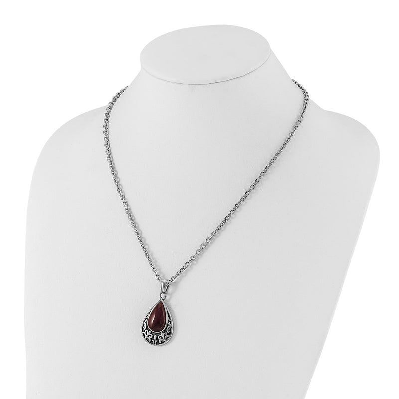 Stainless Steel Polished & Antiqued Purple Cat'S Eye Teardrop Necklace