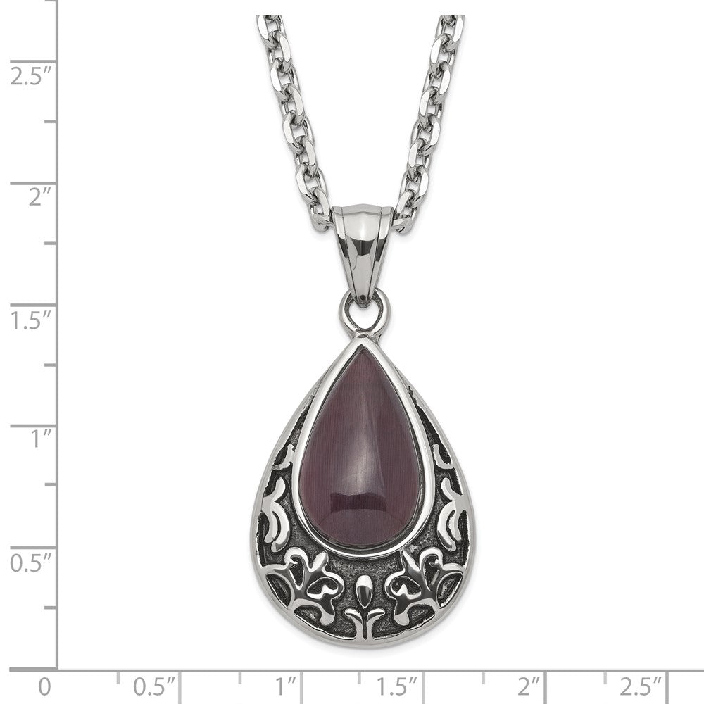 Stainless Steel Polished & Antiqued Purple Cat'S Eye Teardrop Necklace