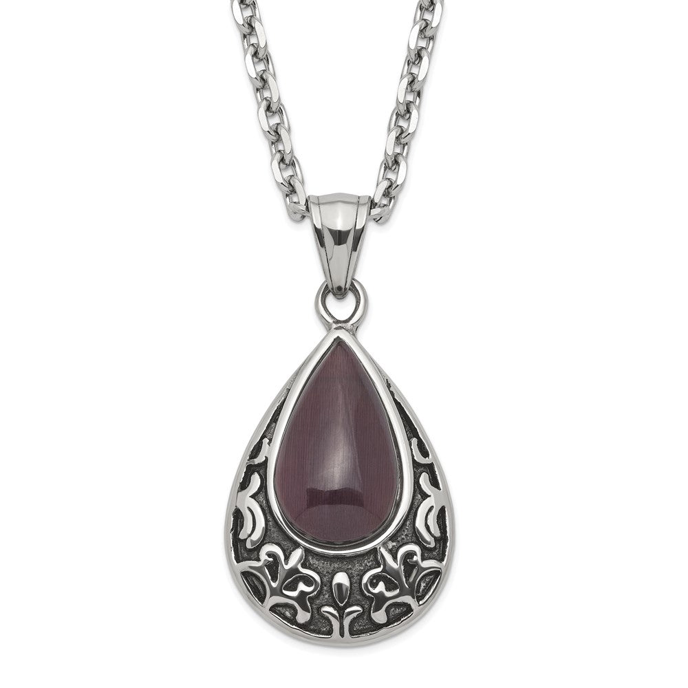 Stainless Steel Polished & Antiqued Purple Cat'S Eye Teardrop Necklace